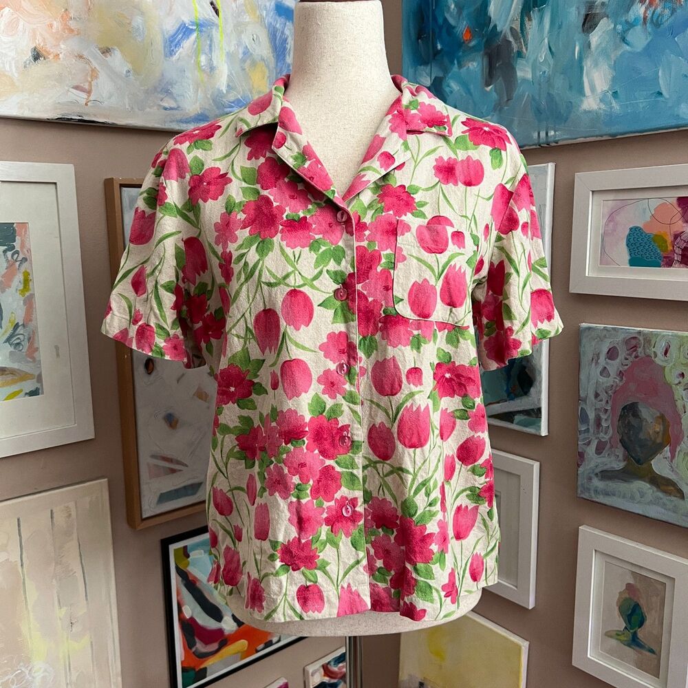 Sag Harbor Floral Linen Blend Button Up Top Pink Tulip Spring Cottagecore Size M
